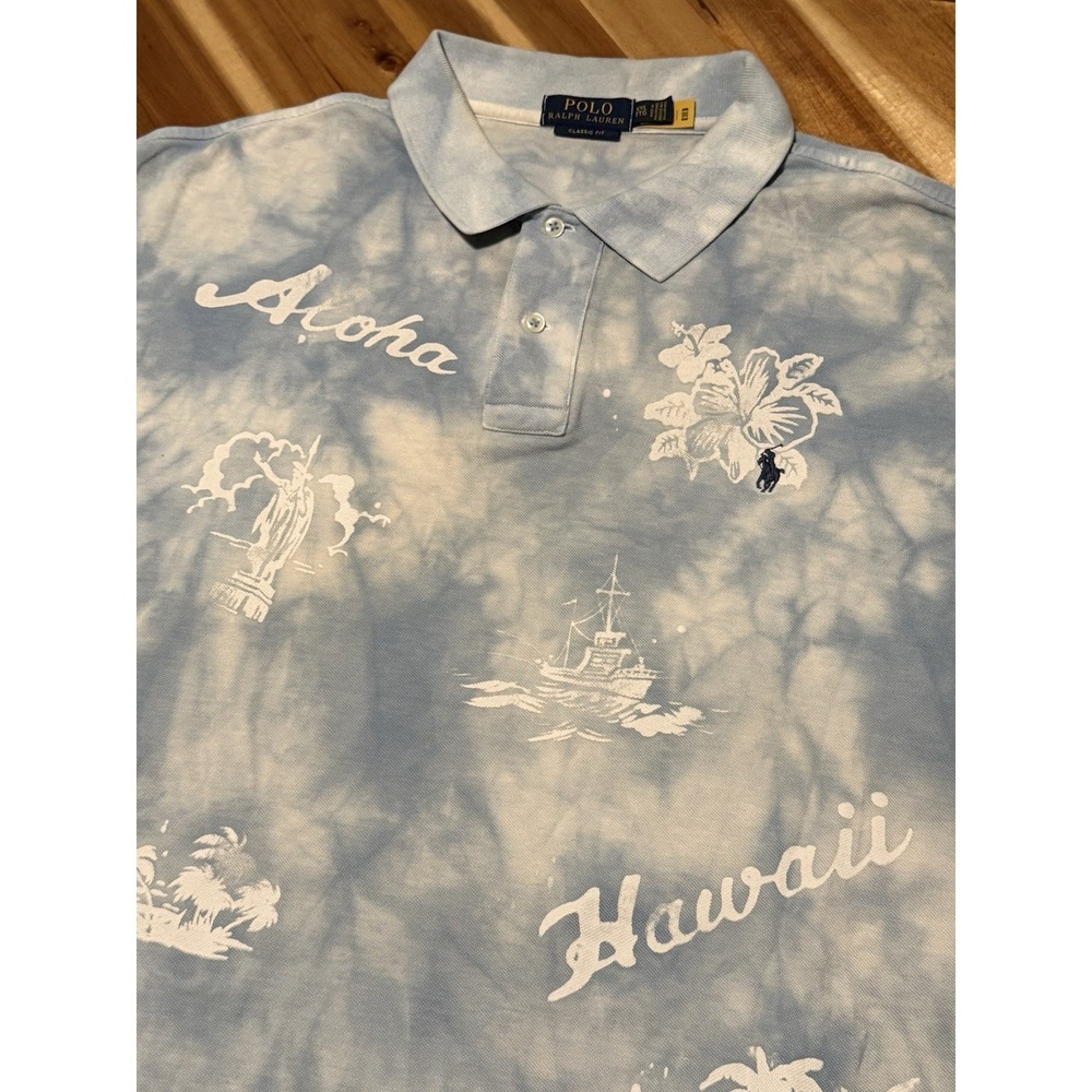 Ralph Lauren Polo Shirt Mens 2XL White Blue Tropical Hawaiian Aloha Surf Tie Dye